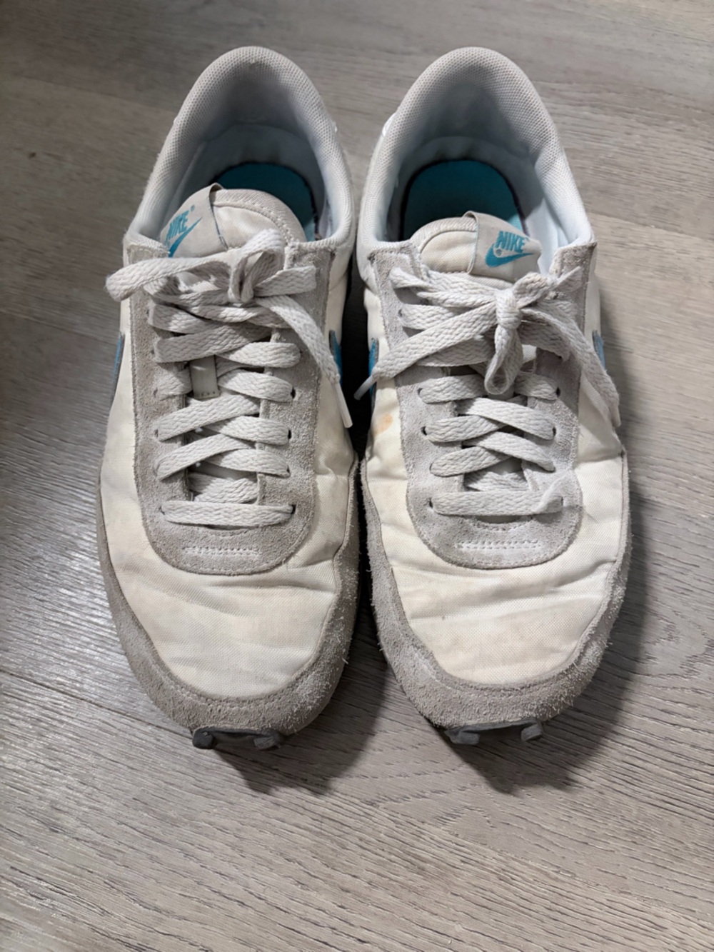 Nike White and Light Gray Sneakers with Blue Logo